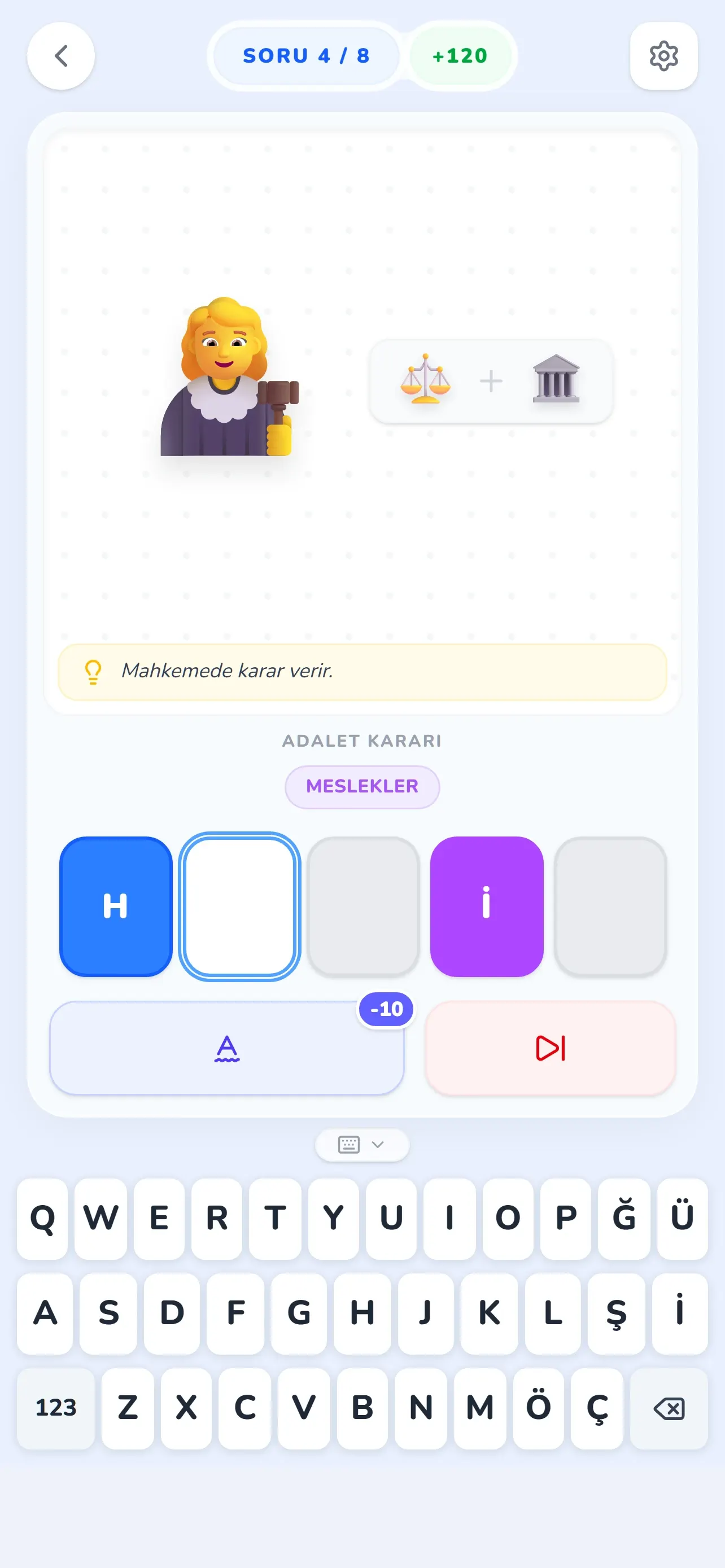 Metin ipucu açık ve bir harfi gösterilmiş Glifio bulmacası