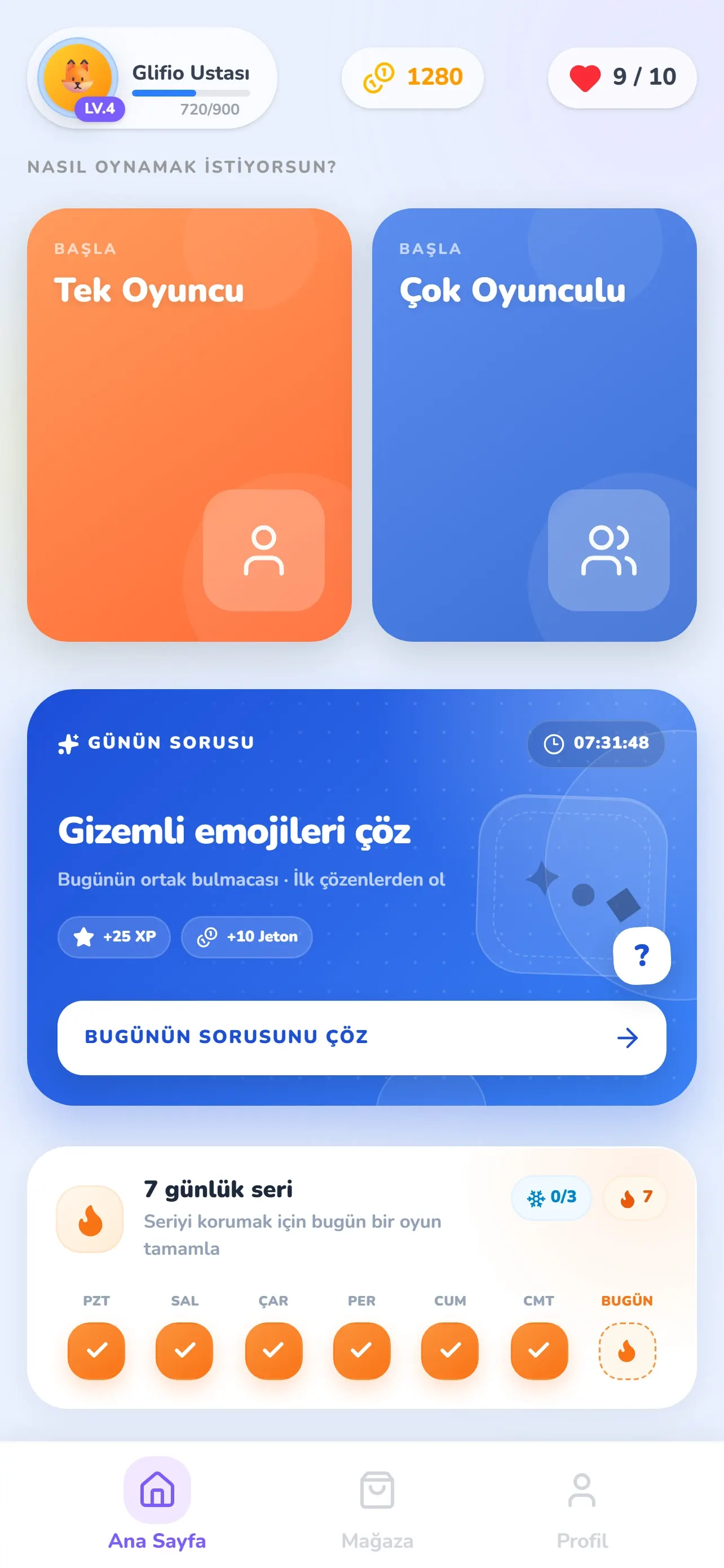 Tek Oyuncu ve Çok Oyunculu modları, Günün Sorusu ve 7 günlük seri takvimiyle Glifio ana ekranı