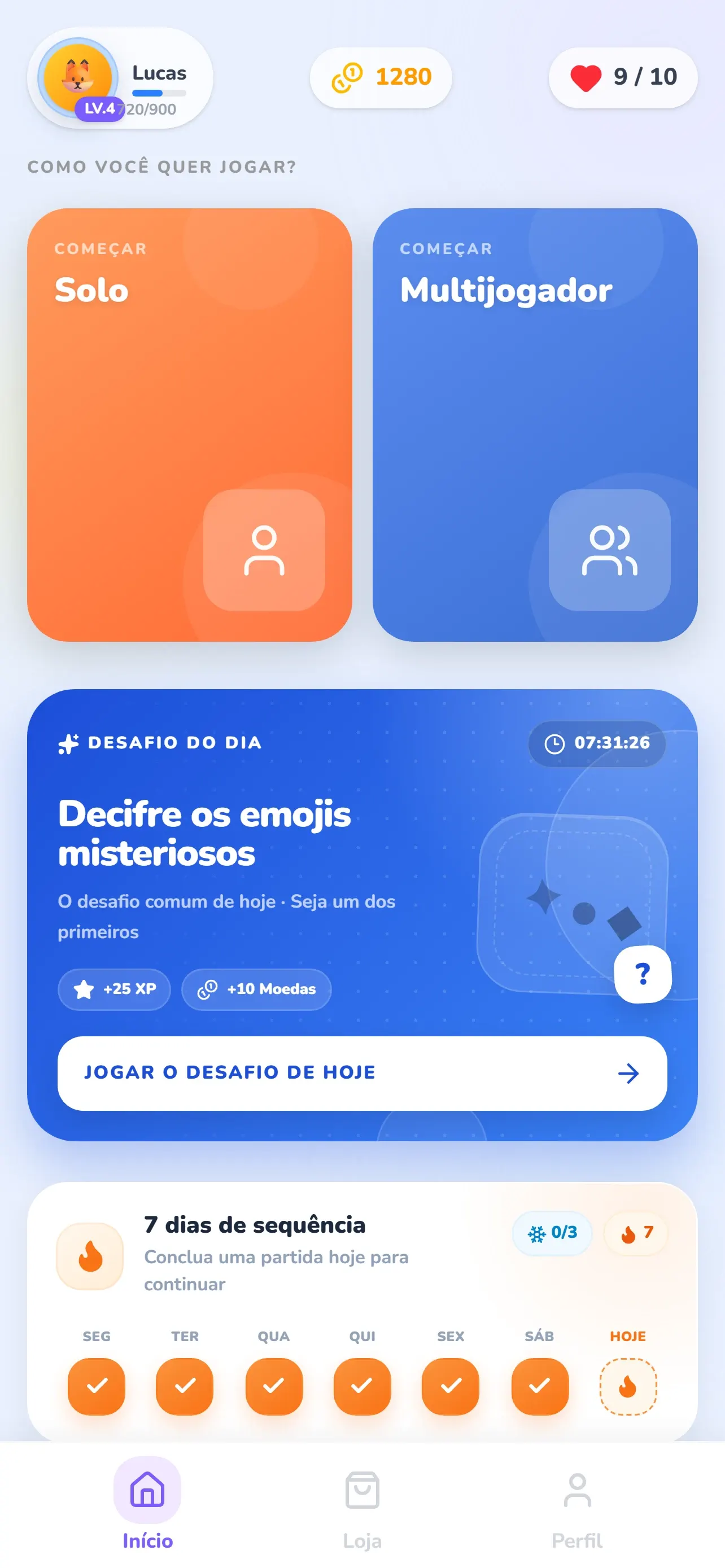 Tela inicial do Glifio com os modos Solo e Multijogador, o Desafio do Dia e um calendário de sequência de 7 dias