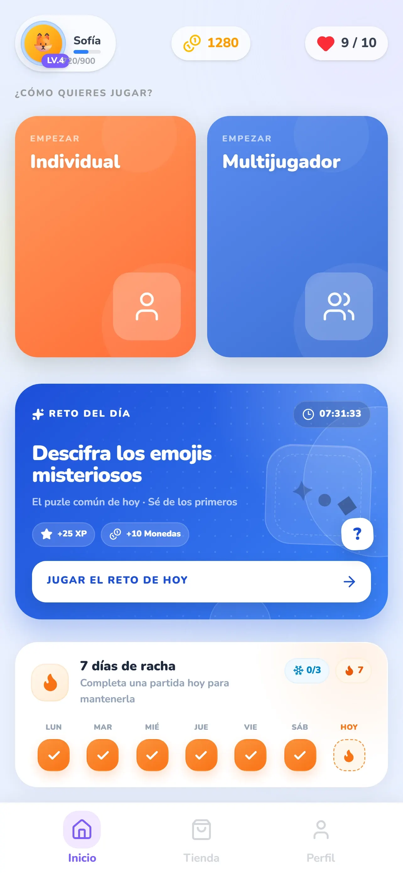 Pantalla de inicio de Glifio con los modos Individual y Multijugador, el Reto del Día y un calendario de racha de 7 días