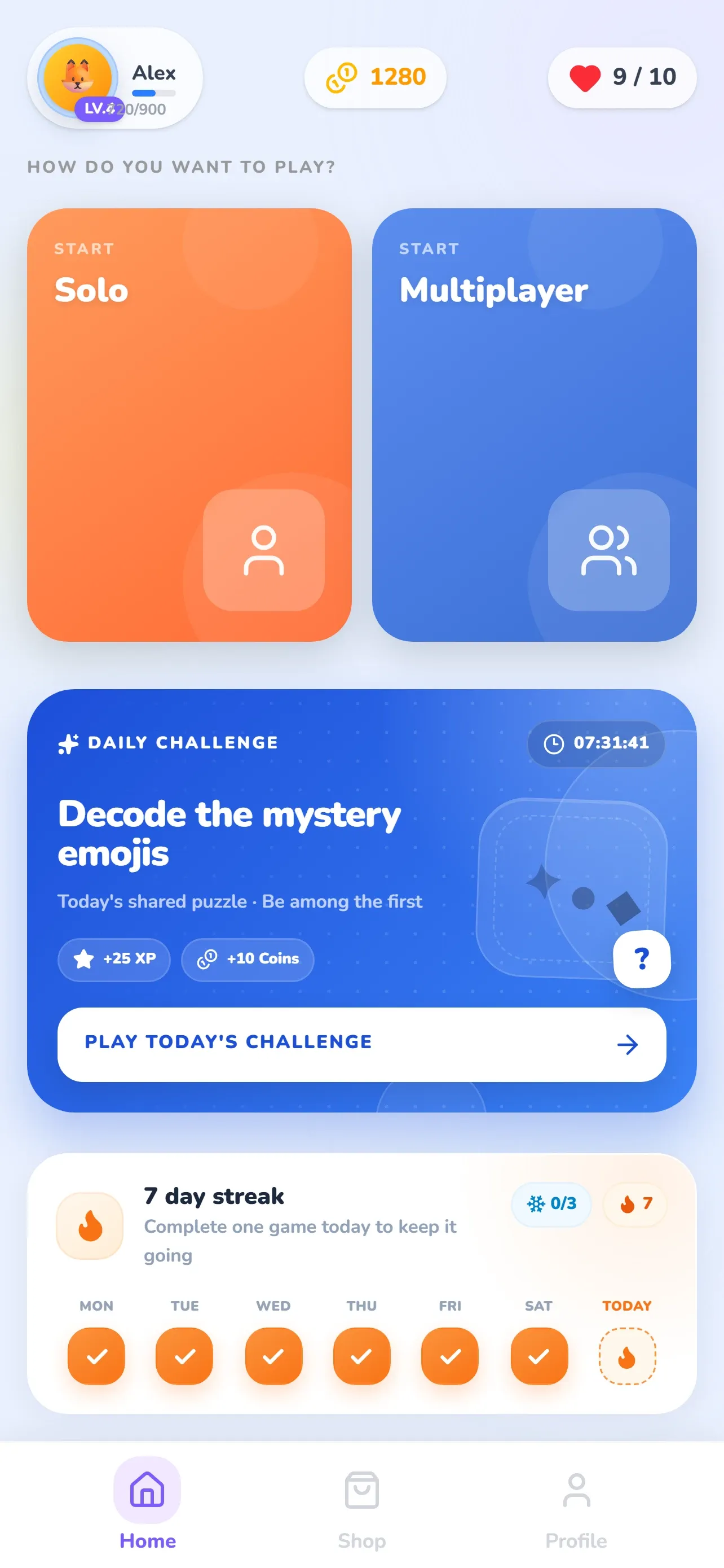 Glifio home screen with the Daily Challenge and a 7-day streak