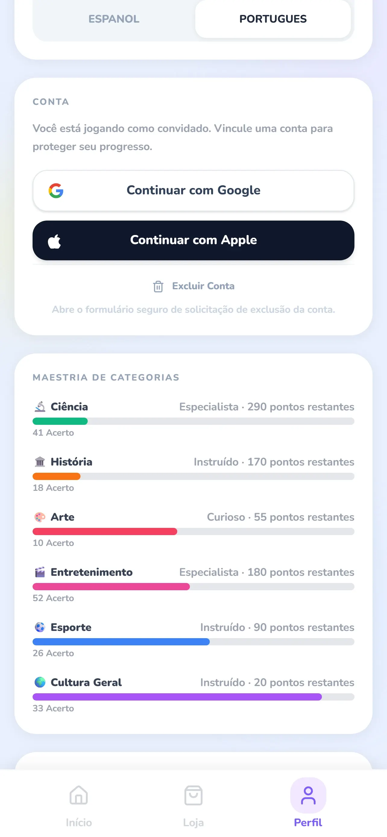 Perfil do Glifio com os níveis de domínio das seis categorias