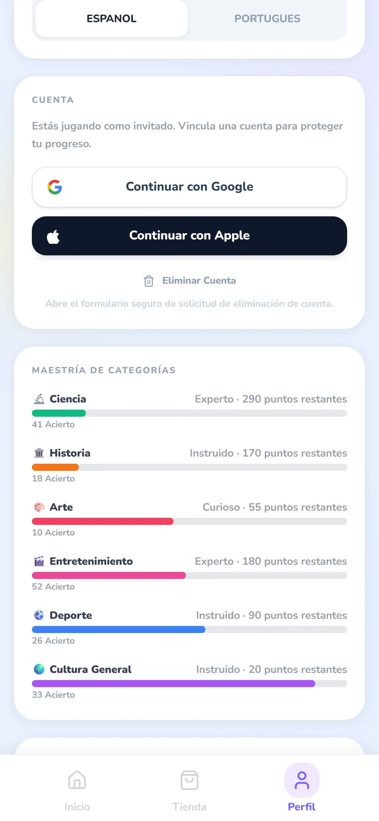 Perfil de Glifio con los niveles de dominio de las seis categorías