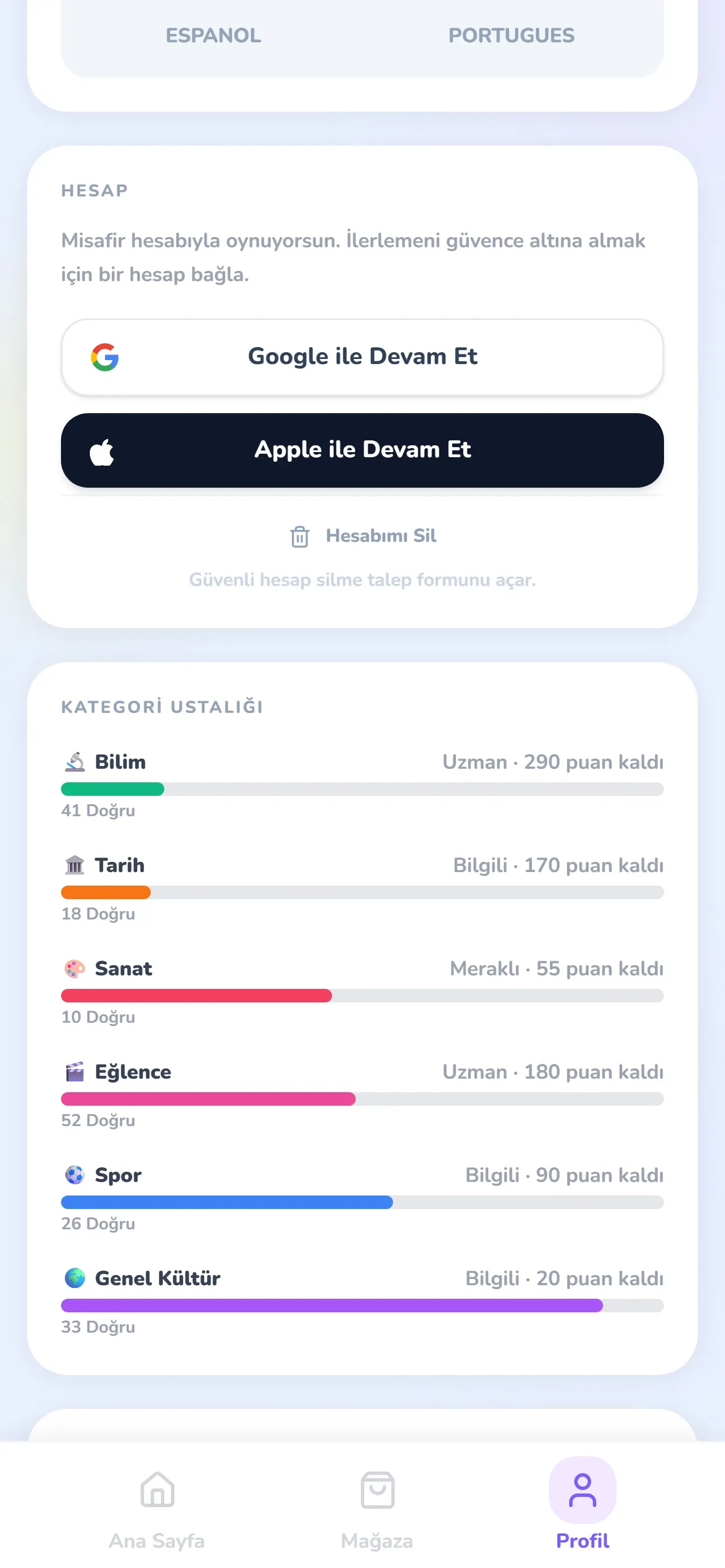 Altı kategorinin ustalık seviyelerini gösteren Glifio profil ekranı