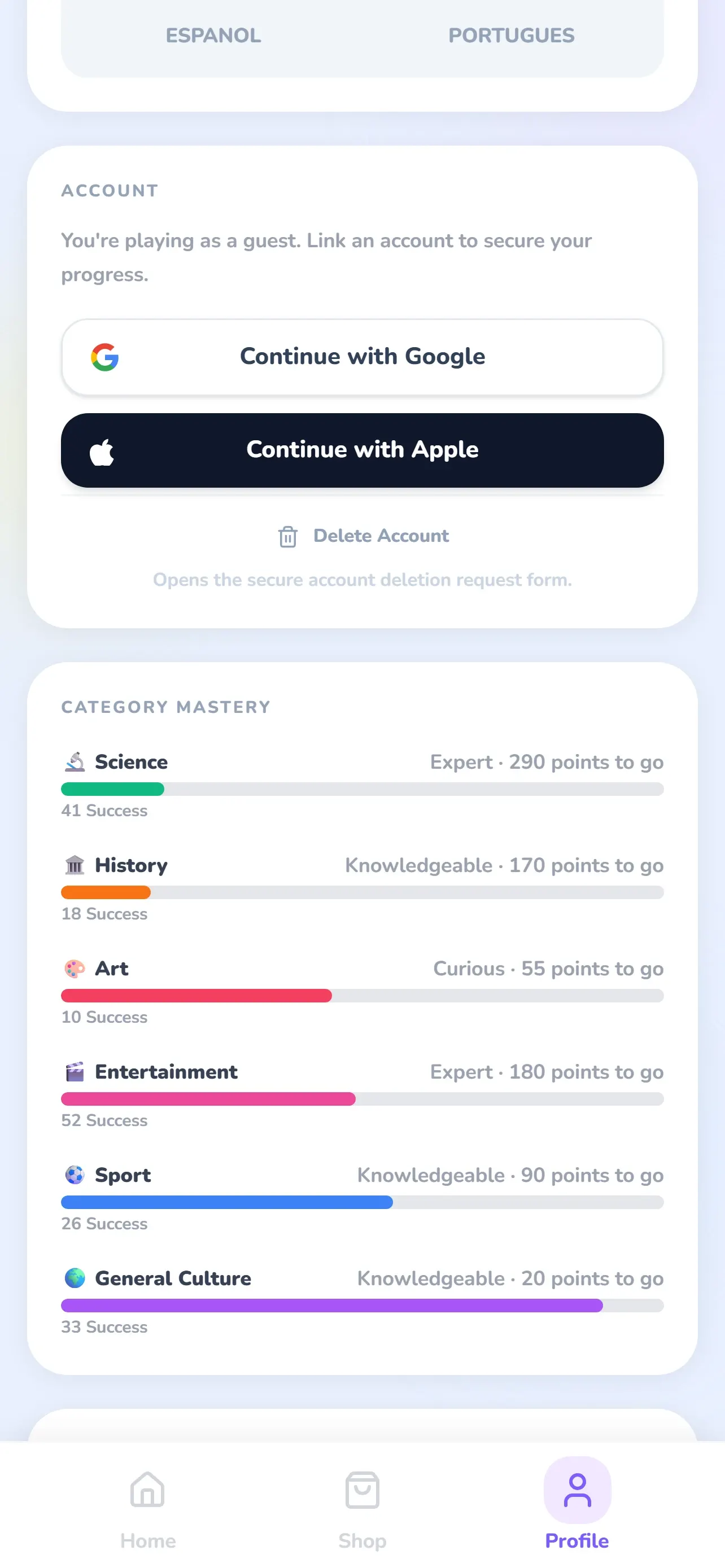 Glifio profile showing category mastery levels for all six categories
