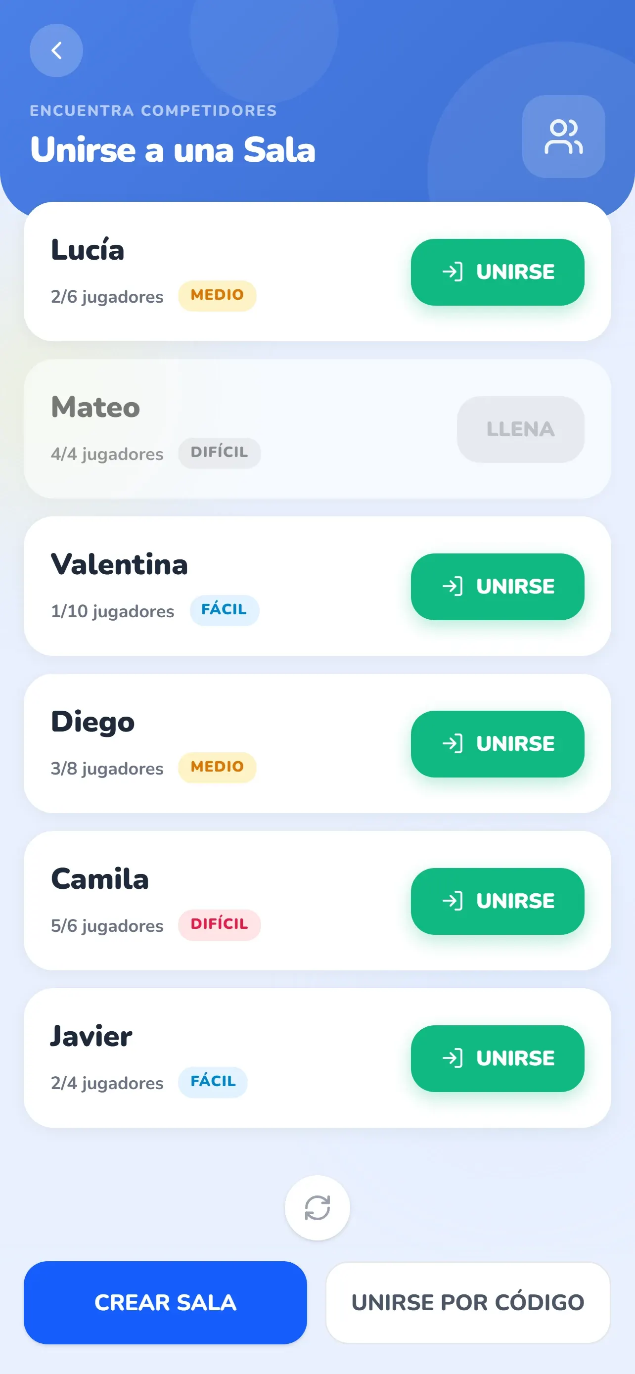 Lista de salas multijugador abiertas de Glifio con jugadores y dificultad