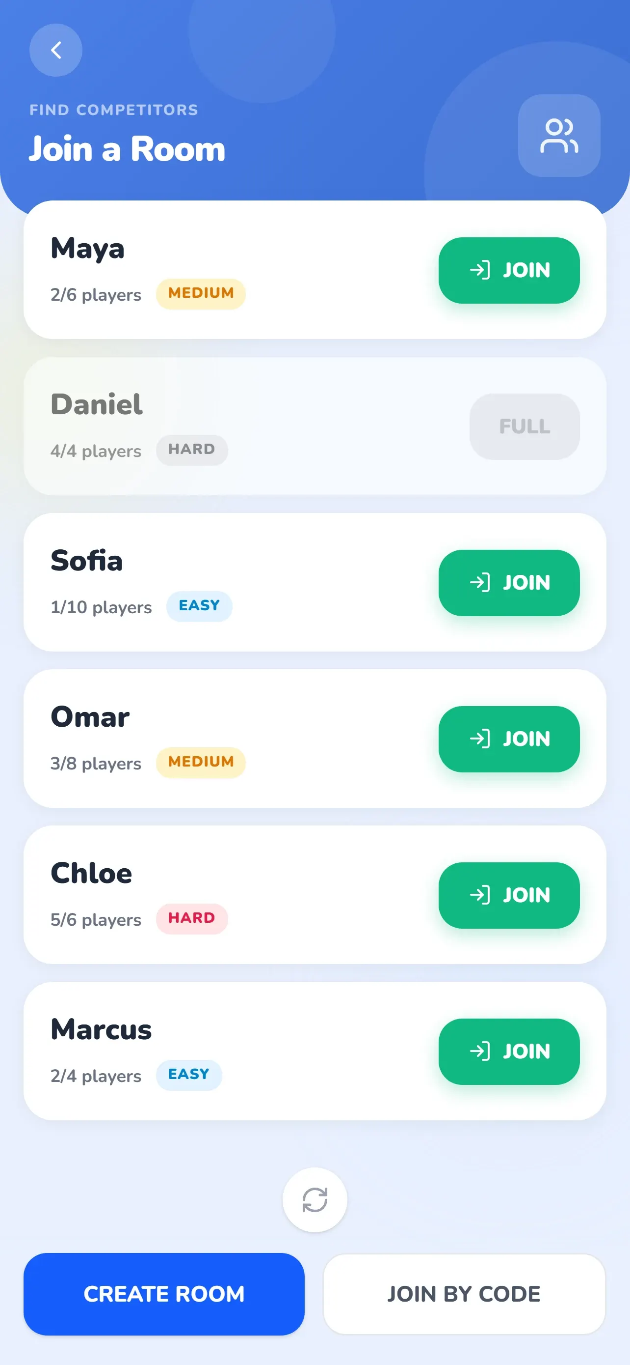 Glifio list of open multiplayer rooms with player counts and difficulty