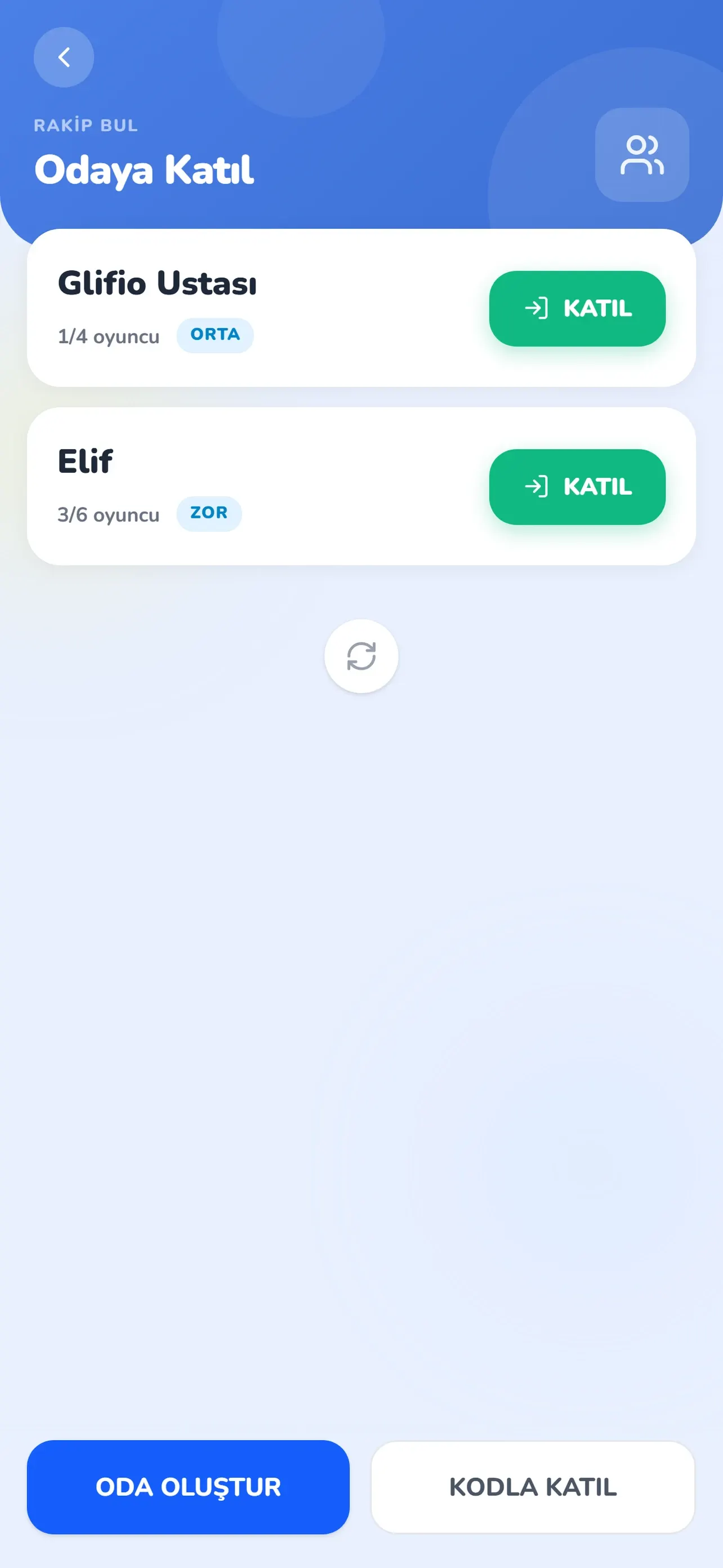 Oyuncu sayısı ve zorlukla açık çok oyunculu odaların listesi