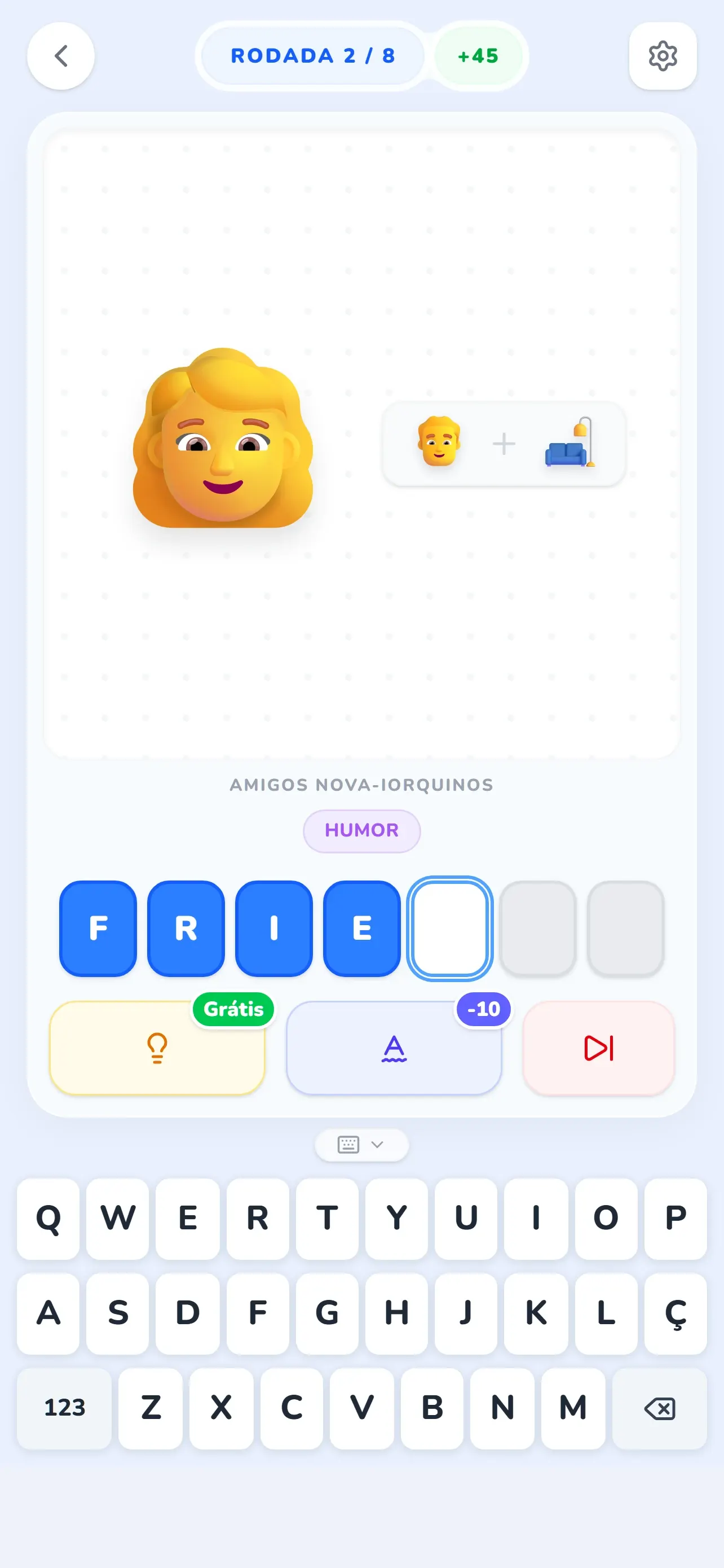 Enigma do Glifio: emojis de pessoas e sofá com a palavra FRIENDS pela metade