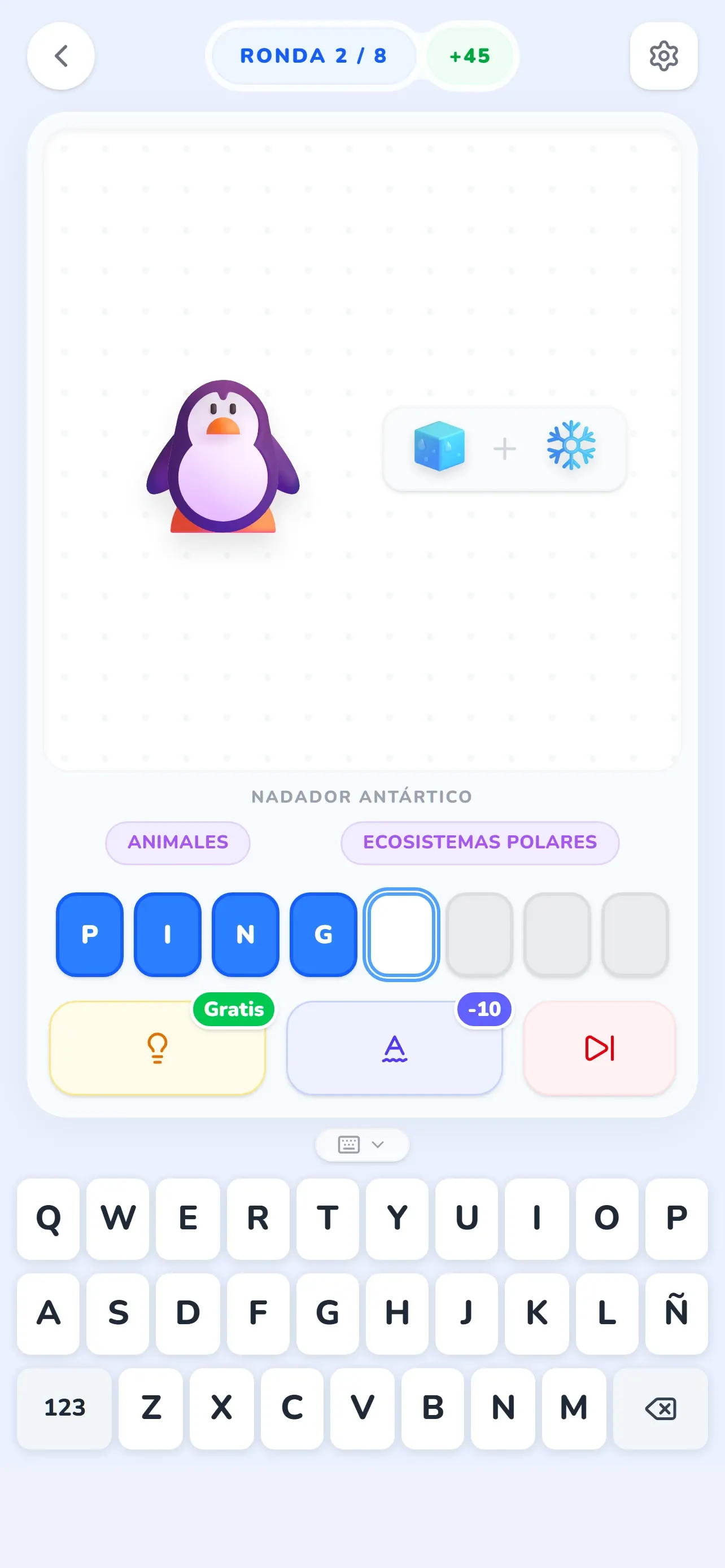 Puzle de Glifio: emojis de pingüino, hielo y copo de nieve con la palabra PINGÜINO a medio escribir
