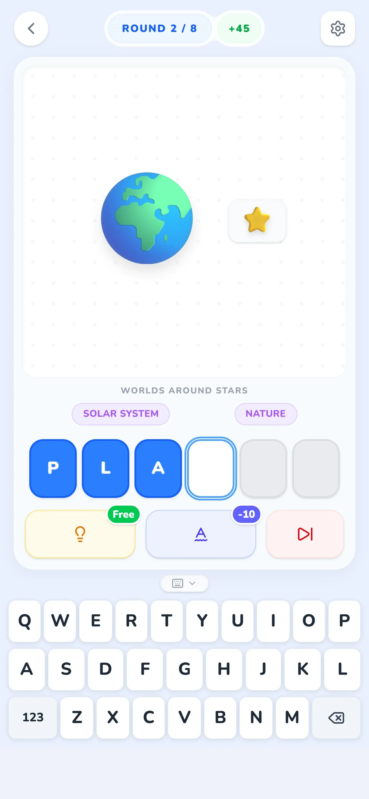 Glifio puzzle: globe and star emojis with the word PLANET half typed
