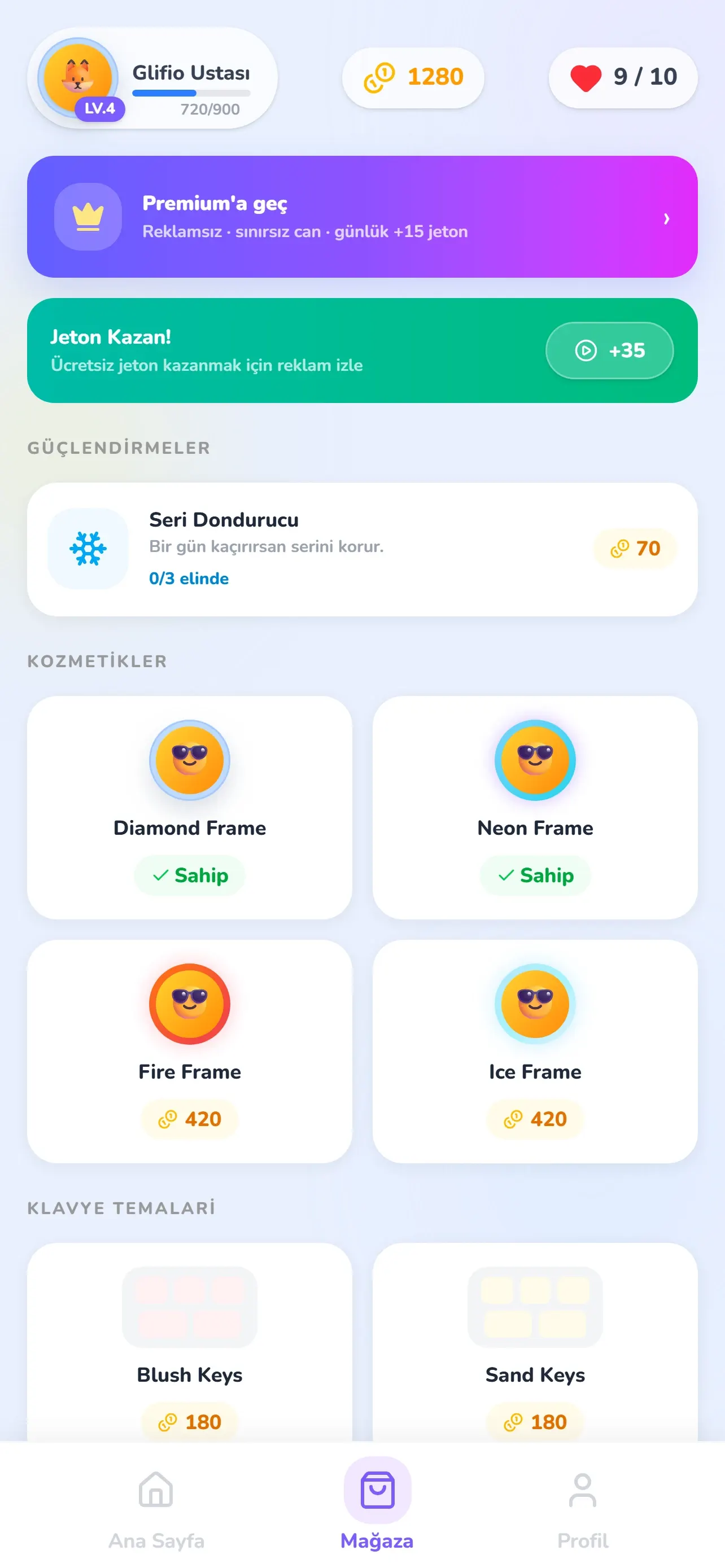 Avatar çerçeveleri, klavye temaları ve Seri Dondurucu ile Glifio mağazası