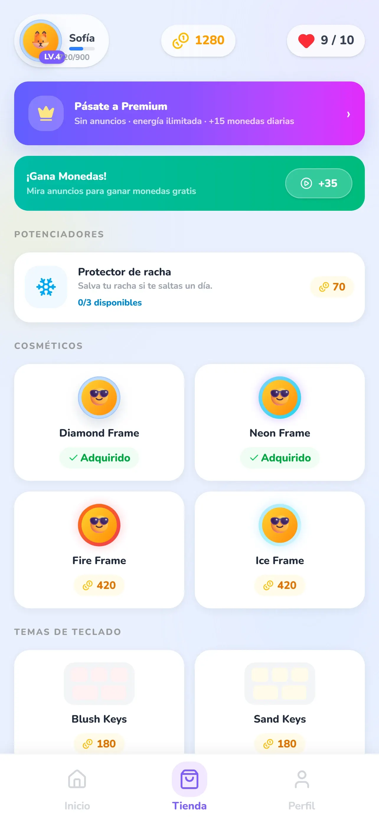 Tienda de Glifio con marcos de avatar, temas de teclado y el Protector de racha