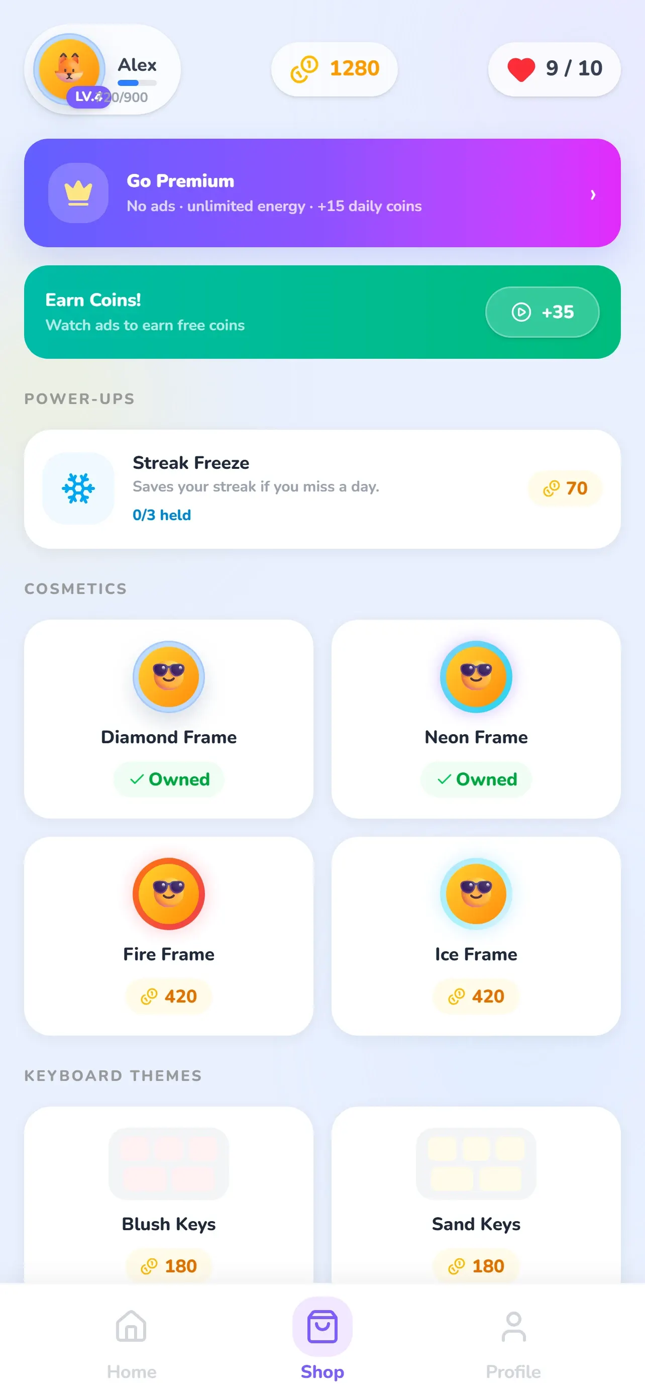 Glifio shop with avatar frames, keyboard themes and the Streak Freeze power-up
