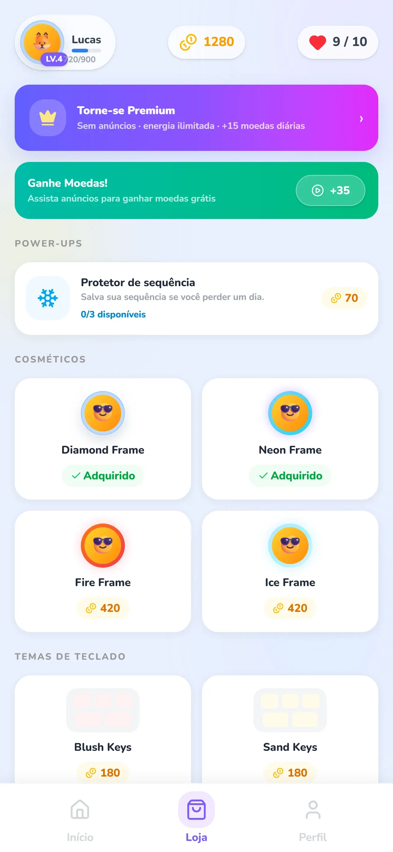 Loja do Glifio com molduras de avatar, temas de teclado e o Protetor de sequência