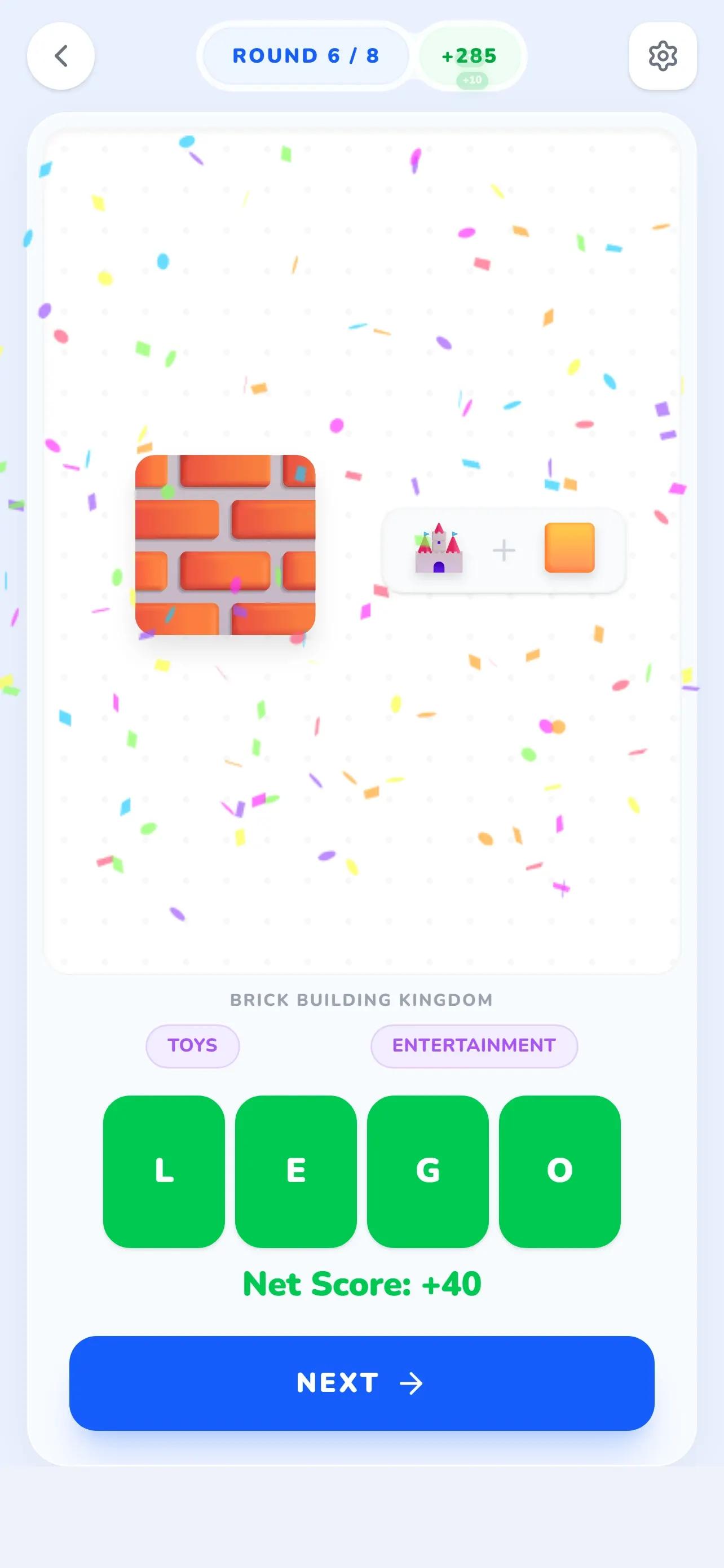 Solved Glifio puzzle: brick, castle and yellow square emojis spell LEGO