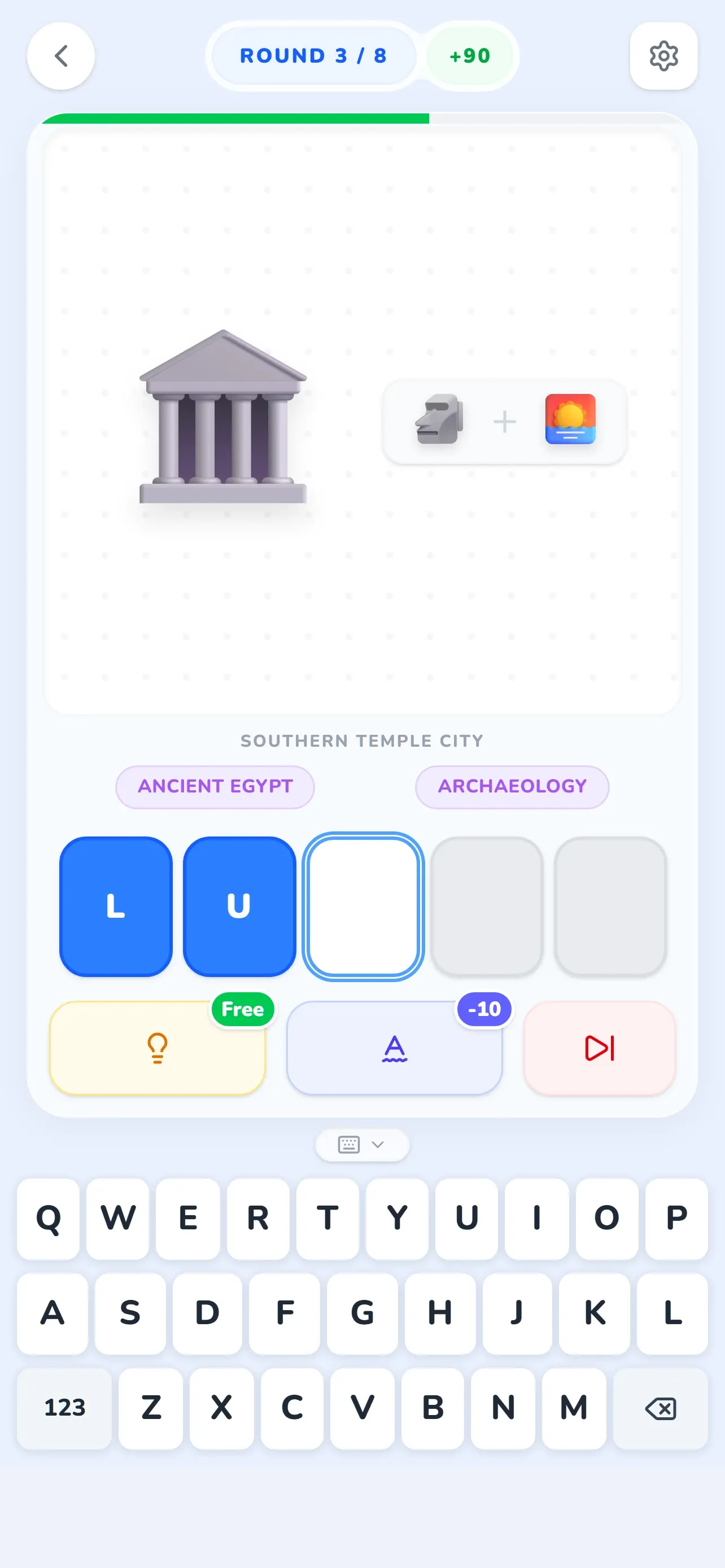 Glifio timed mode with the countdown bar above an ancient Egypt puzzle